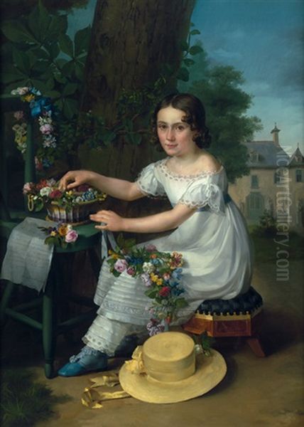 Bildnis Der Emilie Im Garten, Eine Blumengirlande Bindend Oil Painting by Francois Guillaume Menageot