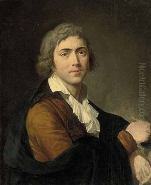 Self-portrait Of The Artist In A Brown Coat And A Brush In His Right Hand Oil Painting by Francois Guillaume Menageot