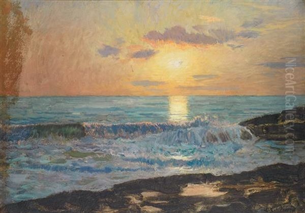 Coucher De Soleil Sur La Mer Oil Painting by Emile Rene Menard