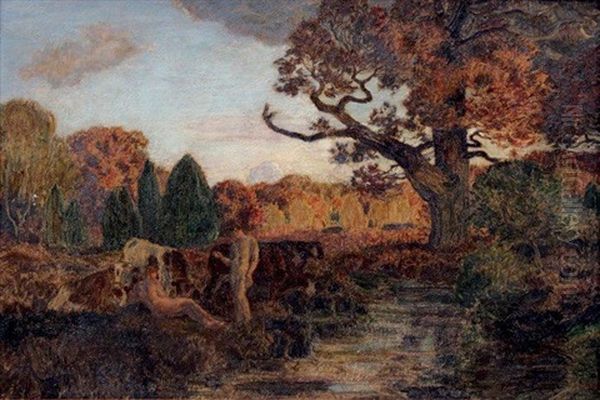 Paysage Symboliste: Deux Ephebes Et Troupeau Pres De La Mare Oil Painting by Emile Rene Menard