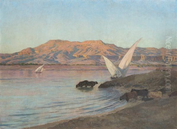 La Montagne De Thebes L'apres-midi Oil Painting by Emile Rene Menard