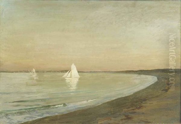 Sailing Boats In A Bay, At Sunset Oil Painting by Emile Rene Menard