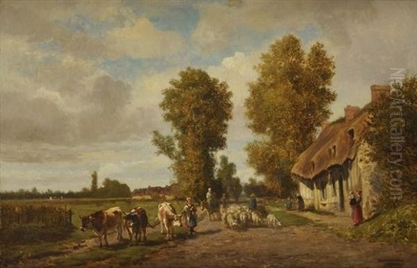 Vaches Et Brebis Devant La Chaumiere Oil Painting by Emile Rene Menard