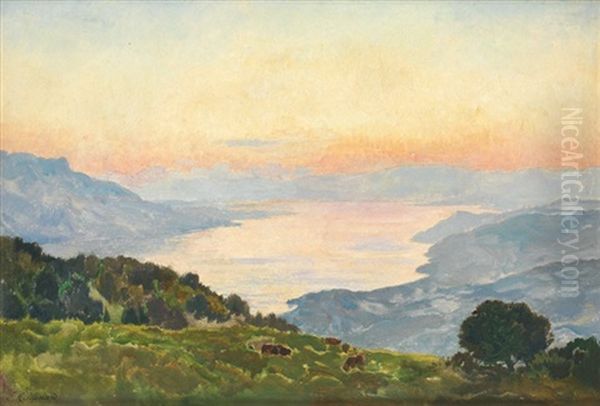 Coucher De Soleil Oil Painting by Emile Rene Menard