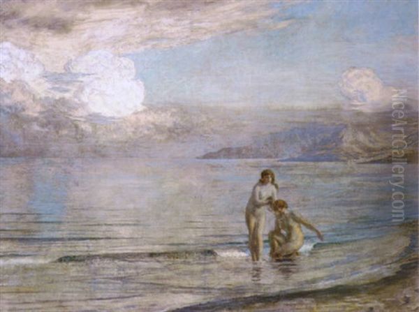 Bathers On The Beach Oil Painting by Emile Rene Menard