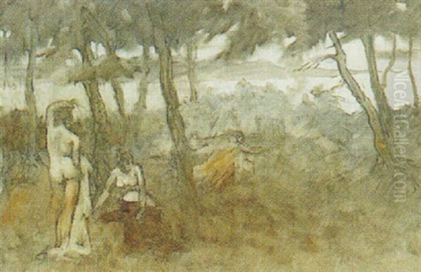 Auf Einer Waldlichtung Tanzende Nymphen Oil Painting by Emile Rene Menard