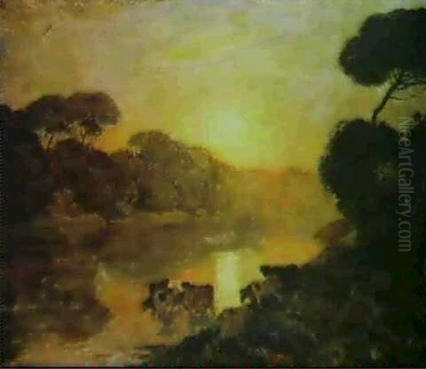 Troupeau A La Riviere, Le Soir Oil Painting by Emile Rene Menard