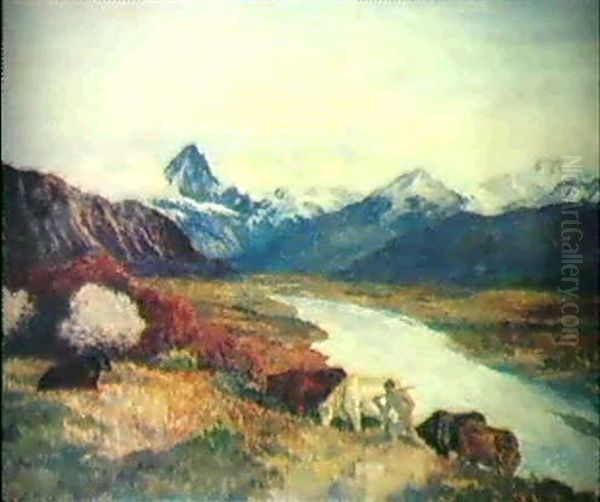 Hirte Mit Seinen Kuhen Im Gebirgstal Oil Painting by Emile Rene Menard