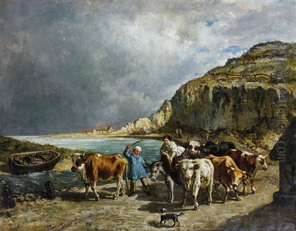 Gardienne De Boeufs Et Son Troupeau En Bord De Mer Oil Painting by Rene-Joseph Menard