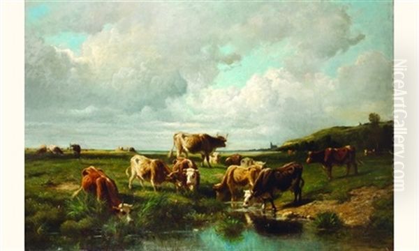 Vaches S'abreuvant Oil Painting by Rene-Joseph Menard