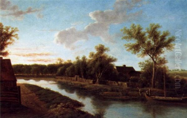 Abendliche Fluslandschaft Oil Painting by Rene-Joseph Menard