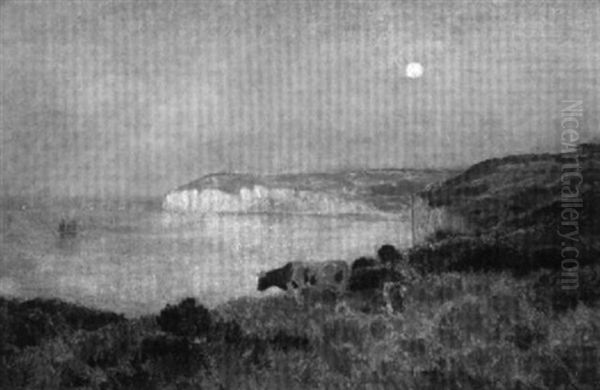 Lever De Lune Sur La Falaise Oil Painting by Rene-Joseph Menard