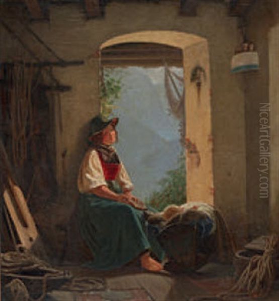 Junge Frau In Tracht, Ihr Kind In Der Wiege Betrachtend Oil Painting by Carl Adolf Mende