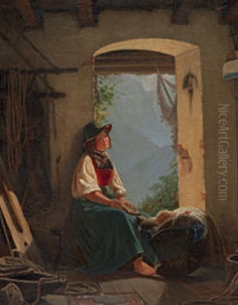 Junge Frau In Tracht, Ihr Kind In Der Wiege Betrachtend Oil Painting by Carl Adolf Mende