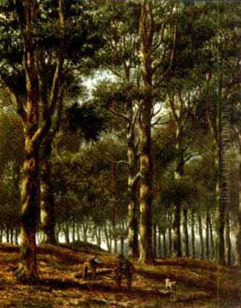 Woodworkers In A Forest Oil Painting by Samuel Henri Mendes Da Costa