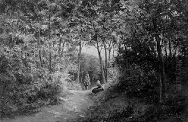 Woodgatherers On Sandy Track In A Wooded Summer Landscape Oil Painting by Samuel Henri Mendes Da Costa