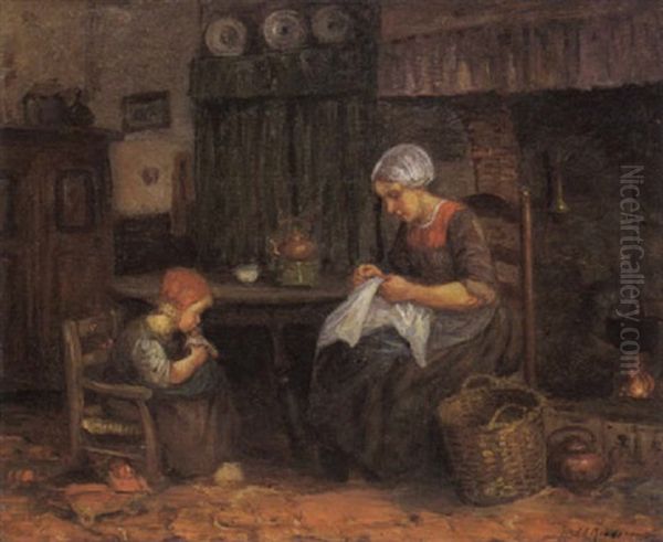 A Mother Sewing And A Child Playing With Her Doll Oil Painting by Jules Eduard Mendes