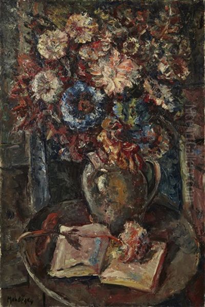 Bouquet De Fleurs Et Livre Oil Painting by Maurice Mendjisky