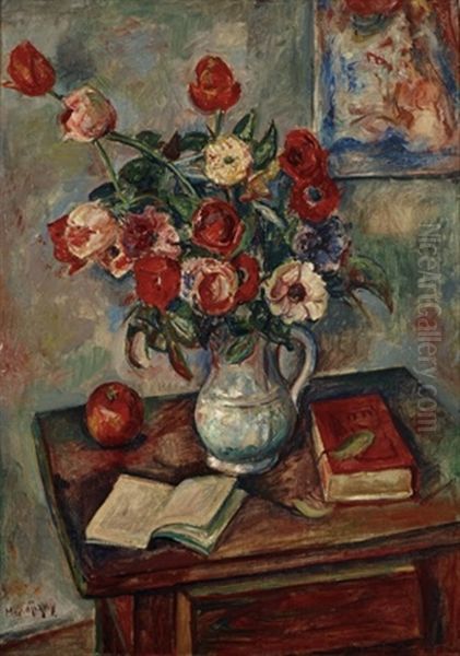 Interior With Vase Of Flowers Oil Painting by Maurice Mendjisky