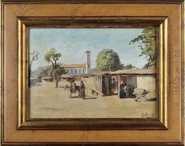 Figuras Junto A Casario Rural Oil Painting by Hygino Mendonca