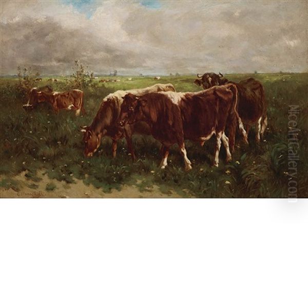 Cattle In A Pasture Oil Painting by Enrico Meneghelli