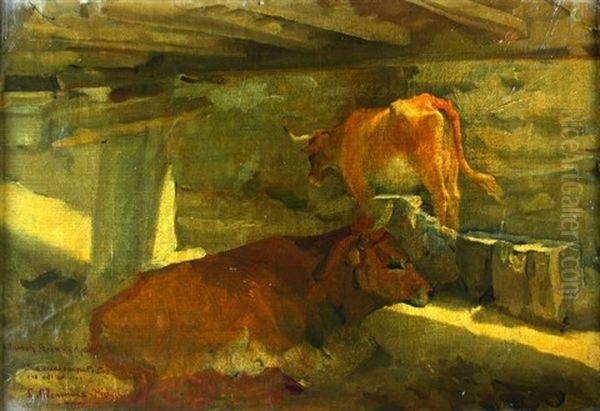 Vacas En El Establo Oil Painting by Luis Menendez Pidal