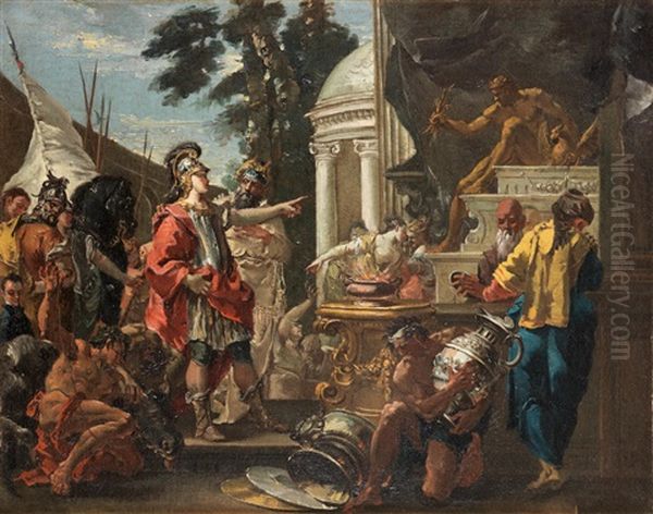 Alexander Paying Homage To Jupiter At The Temple Of Jupiter Oil Painting by Giustino Menescardi