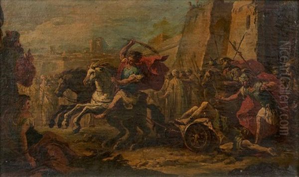 Achille Trainant Le Corps D'hector Sous Les Remparts De Troie Oil Painting by Giustino Menescardi