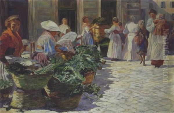 Mercato A Piazza Dell'unita, Roma Oil Painting by Pietro Mengarini