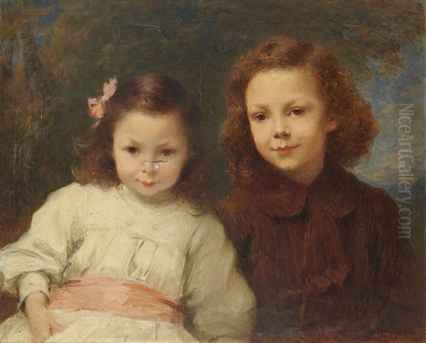 Les Deux Fillettes Oil Painting by Charles Auguste Mengin