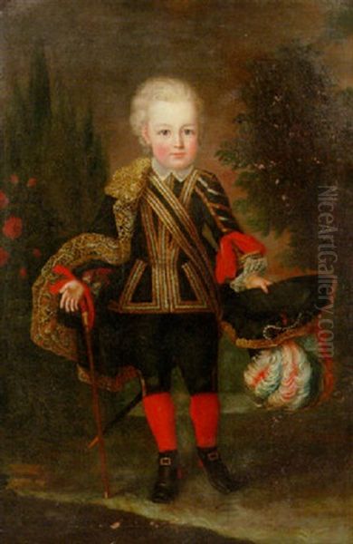 Portrait Of A Young Boy Wearing A Gold Embroidered Black Costume With Lace Chemise And Cape Oil Painting by Anna Maria Mengs