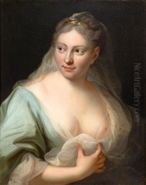 A Young Woman In A Blue Dress With A Veil Oil Painting by Anton Raphael Mengs