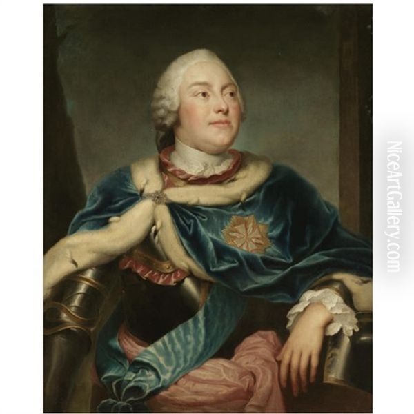 Portrait Of The Elector Friedrich Christian Of Saxony, Three Quarter Length, Wearing Armour And A Blue Ermine-lined Cape With The Cross Of Malta Oil Painting by Anton Raphael Mengs