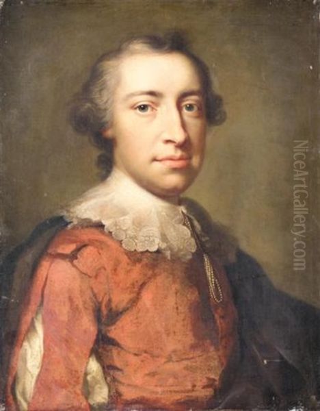 Portrait Of A Gentleman, Half Length, Wearing Red And In 17th Century Costume (by Anton Raphael Mengs And Studio) Oil Painting by Anton Raphael Mengs