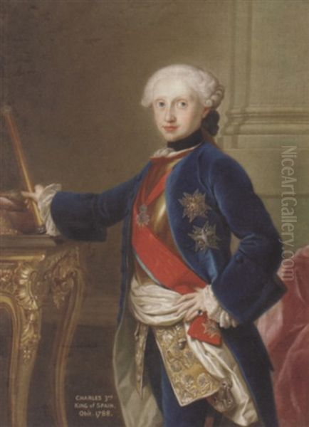 Portrait Of King Charles Iii Of Spain In A Blue Velvet Coat, With The Order Of The Golden Fleece, Standing By A Table And Holding A Baton In His Right Hand Oil Painting by Anton Raphael Mengs