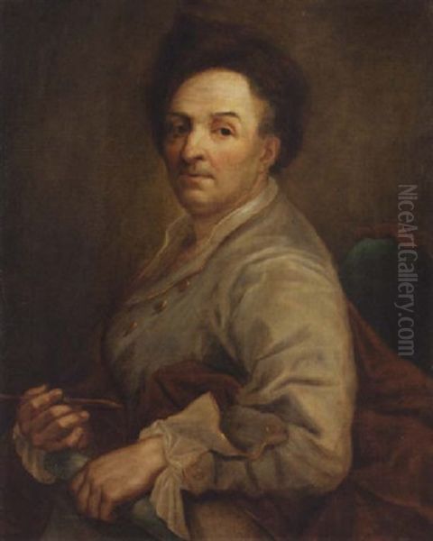 Portrait Of An Artist In A Grey Coat And A Fur Hat (self-portrait?) Oil Painting by Anton Raphael Mengs