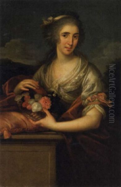 A Portrait Of A Lady Holding A Basket Of Flowers Oil Painting by Anton Raphael Mengs