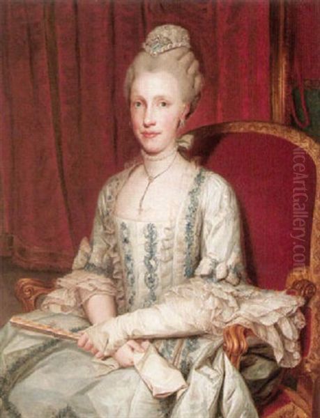 Portrait Of Maria Luisa De Bourbon, Grand Duchess Of Tuscany, Empress Of Austria, Wearing An Ivory, Lace-trimmed Dress With Blue Ribbons Oil Painting by Anton Raphael Mengs