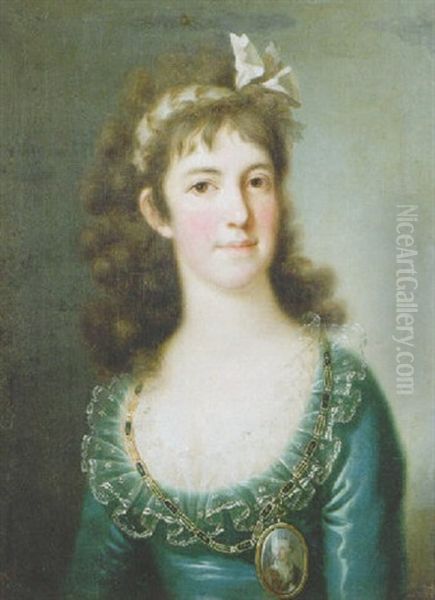 Portrait Of A Noblewoman, Wearing A Blue Dress With Lace Collar, A Ribbon In Her Hair Oil Painting by Anton Raphael Mengs