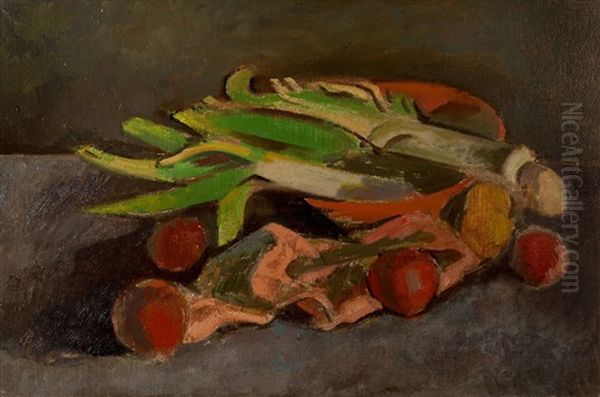 Leeks And Apples Oil Painting by Bernard Meninsky