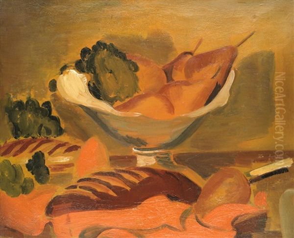 Fruit And Bread On A Table Oil Painting by Bernard Meninsky