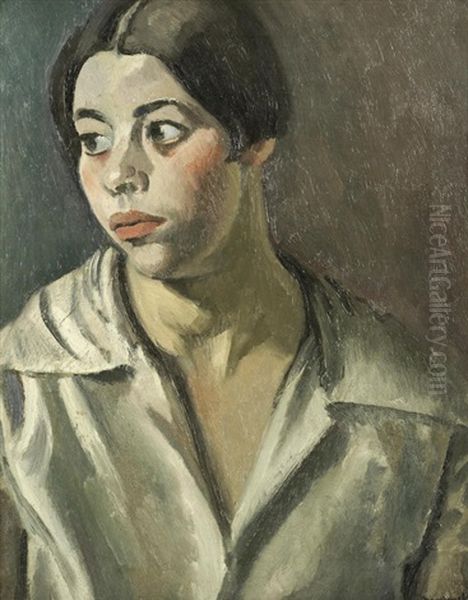 Portrait Of A Young Woman In A White Blouse Oil Painting by Bernard Meninsky