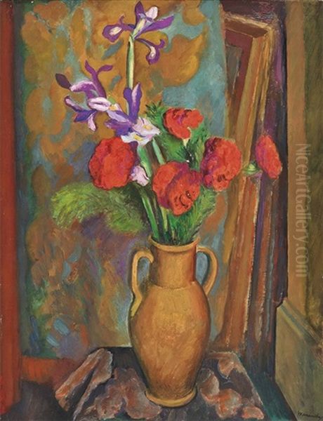 Still Life Of Irises Oil Painting by Bernard Meninsky