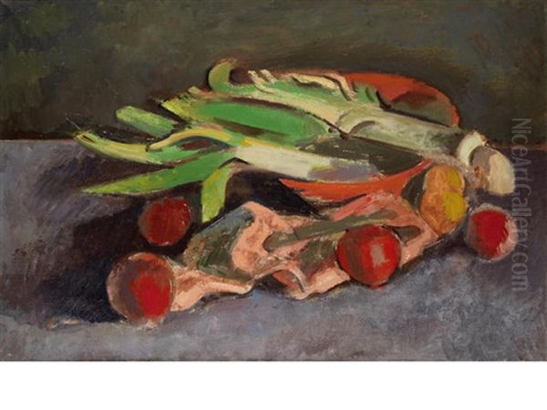 Leeks & Apples Oil Painting by Bernard Meninsky