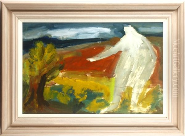 Figure And Bush In A Landscape Oil Painting by Bernard Meninsky