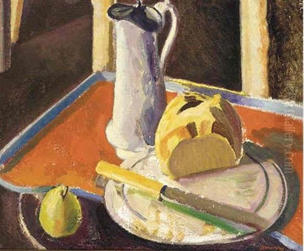 Still Life With Bread And Pear Oil Painting by Bernard Meninsky