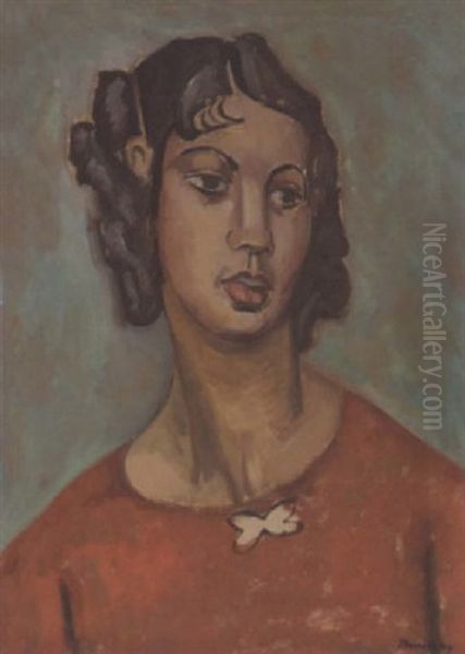 Portrait Of A Woman In Red Oil Painting by Bernard Meninsky