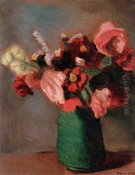 Still Life With Flowers In A Green Vase Oil Painting by Bernard Meninsky