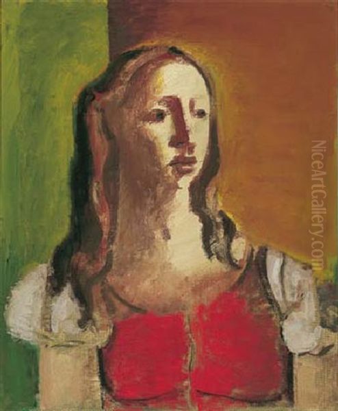 Woman In Red Waistcoat Oil Painting by Bernard Meninsky