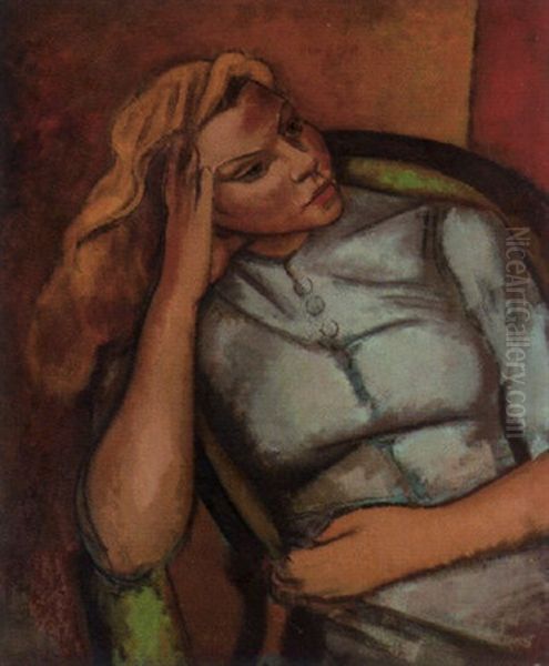 Girl Contemplating Oil Painting by Bernard Meninsky